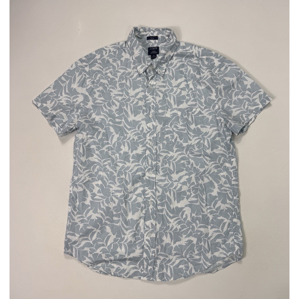 J Crew Flex Washed Slim Fit Mens Medium Floral Button Shirt Tropical Blue Leaf